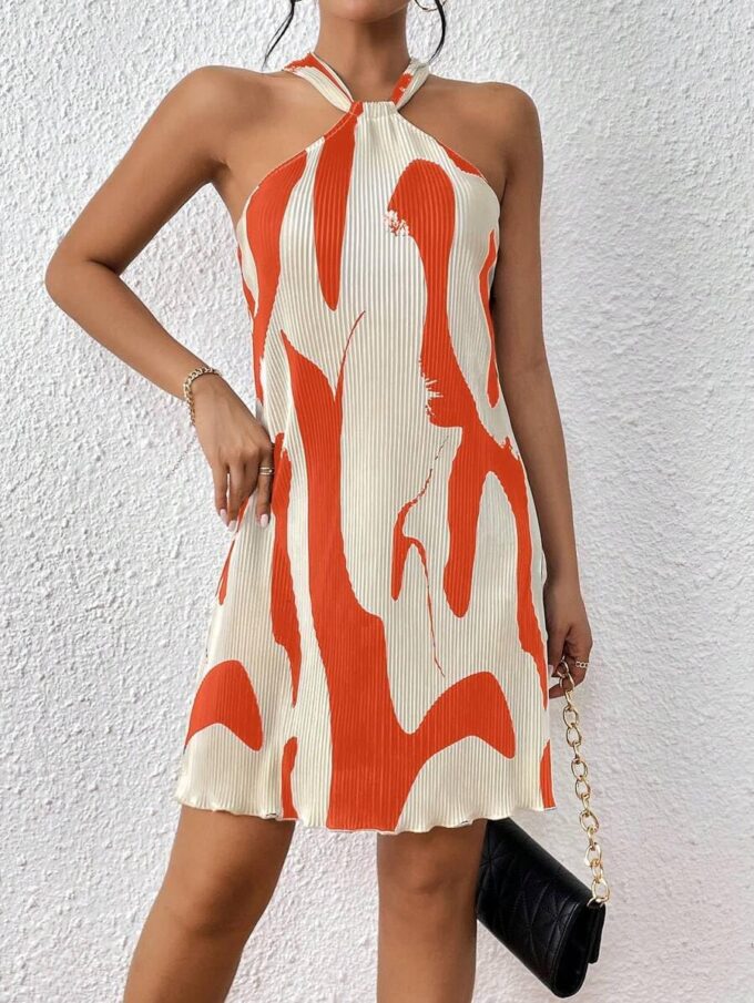Women's Summer Dress Printed Halter Neck Mini Casual Pleated Sundress Party Date Outfit – Bild 7