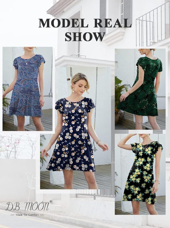 DB MOON Women 2025 Mini Dresses Summer Casual Ruffle Short Sleeve Cute Crew Neck Flowy Dress with Pockets – Bild 4