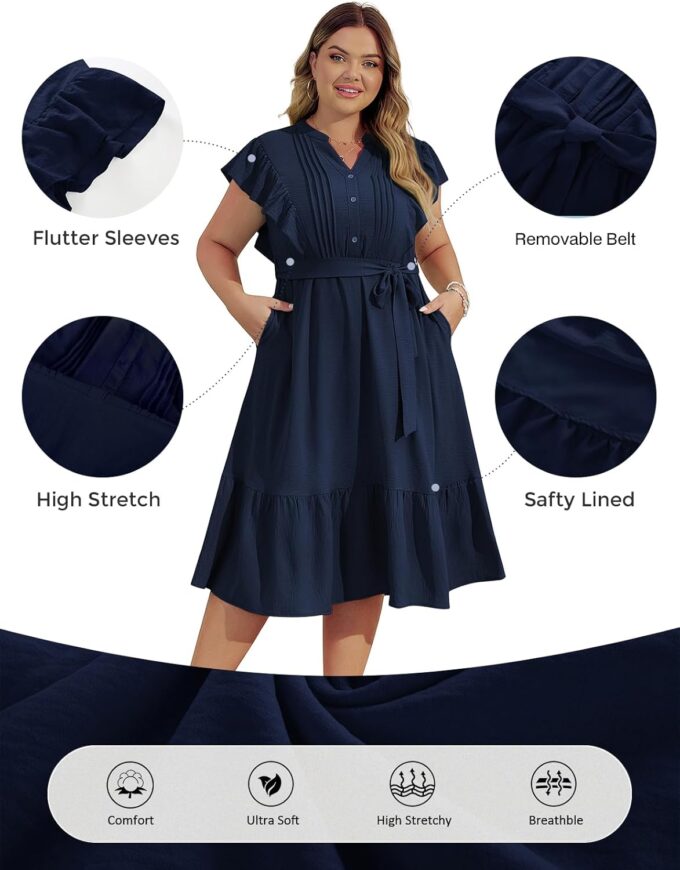 Hanna Nikole Plus Size Women's A-Line Dress with Ruffle Sleeves and Smocked Bust Elastic Waistband Lined Party Dress – Bild 2