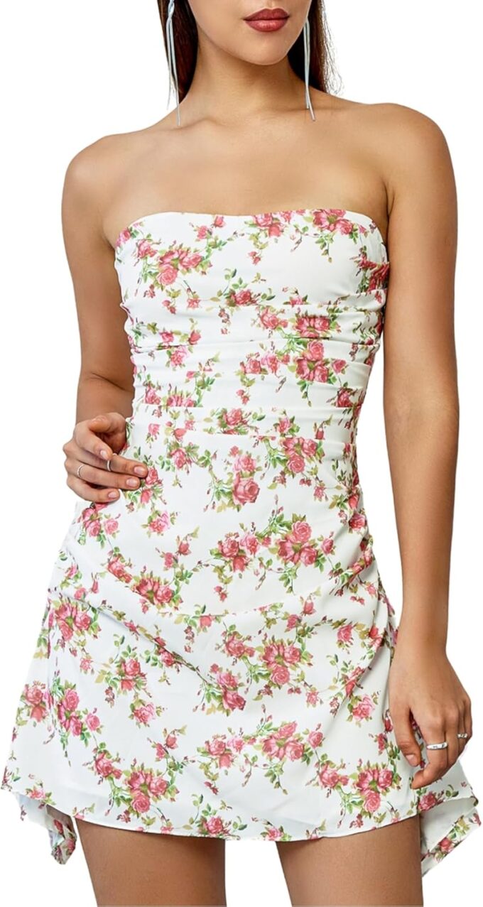 Parthea Womens Floral Dress Y2K Strapless Dresses Going Out Sexy Mini Dress for Cocktail Clubwear Party