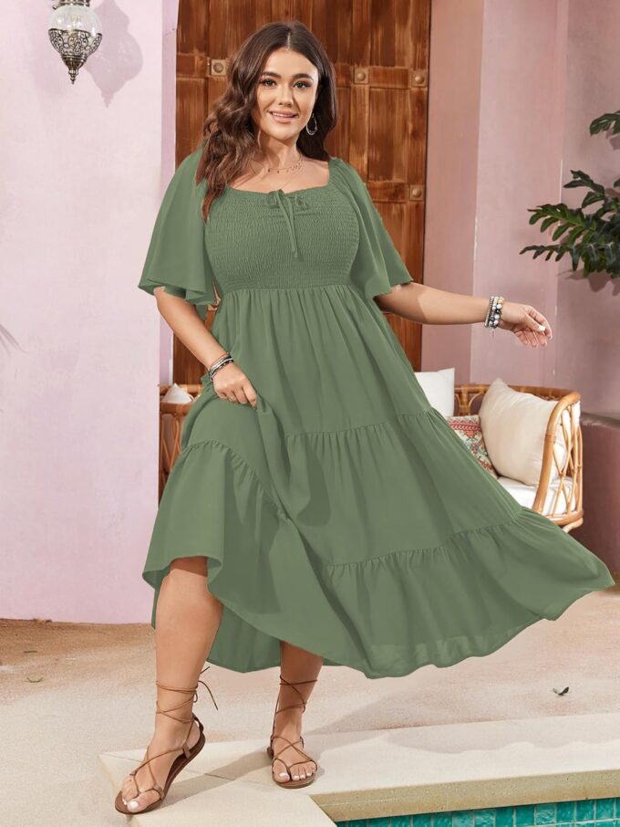SCOMCHIC Women's Plus Size Flowy Maxi Dress Flutter Short Sleeve Boho Dress Square Neck Smocked Formal Dresses for Women – Bild 4