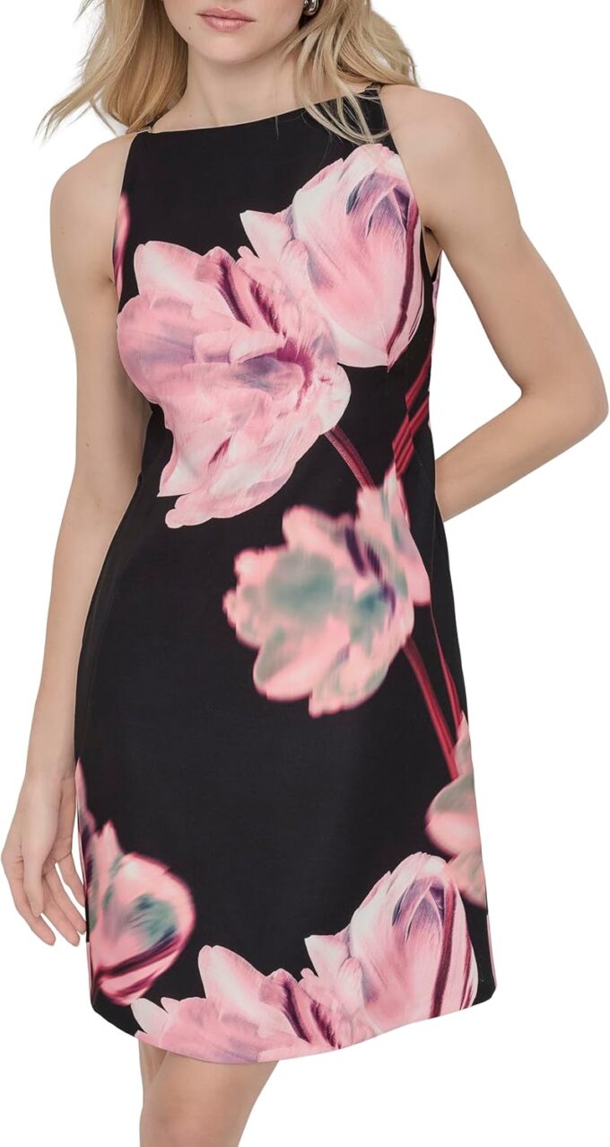 DKNY Women's Sleeveless Square Neck Mini Dress with Metal Hardware on Straps