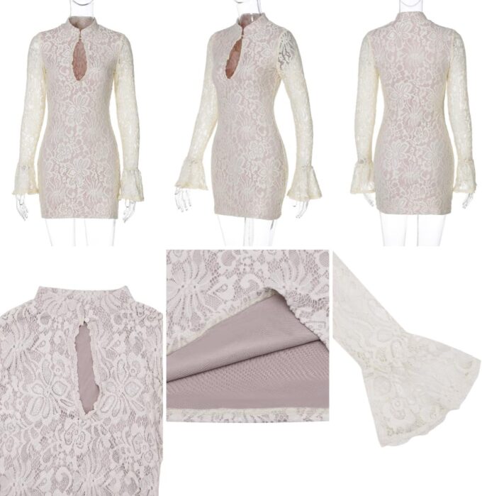 Women's Sexy Lace Long Flare Sleeve Hollow Out Mini Dress Half High Collar Bodycon Short Dresses for Party Club – Bild 6