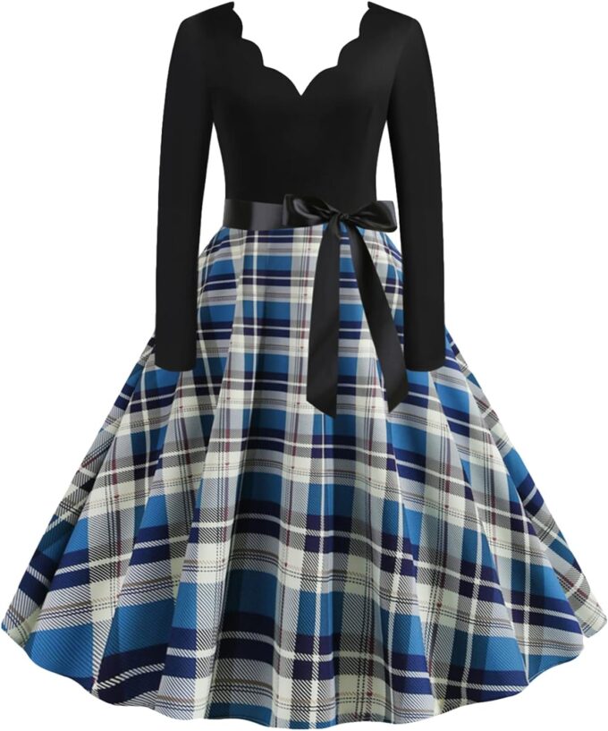 EFOFEI Womens V Neck Hepburn Prom Dress Vintage Plaid Cocktail Party Dress Retro Rockabilly Dress with Belt