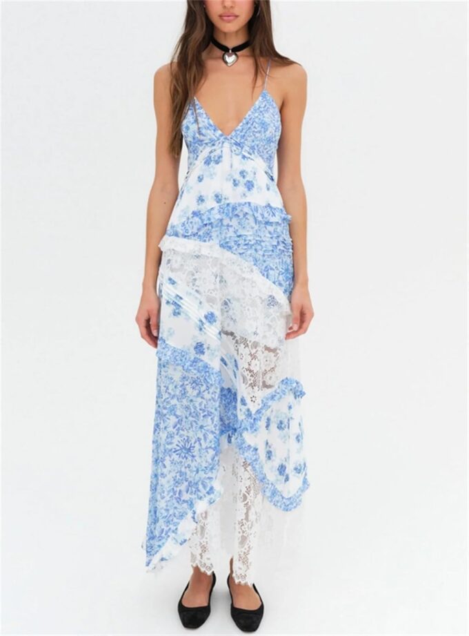 Women Tie Shoulder Boho Floral Maxi Dress Y2k Smocked Flowy Lace Sundress Spaghetti Strap Summer Long Beach Dress
