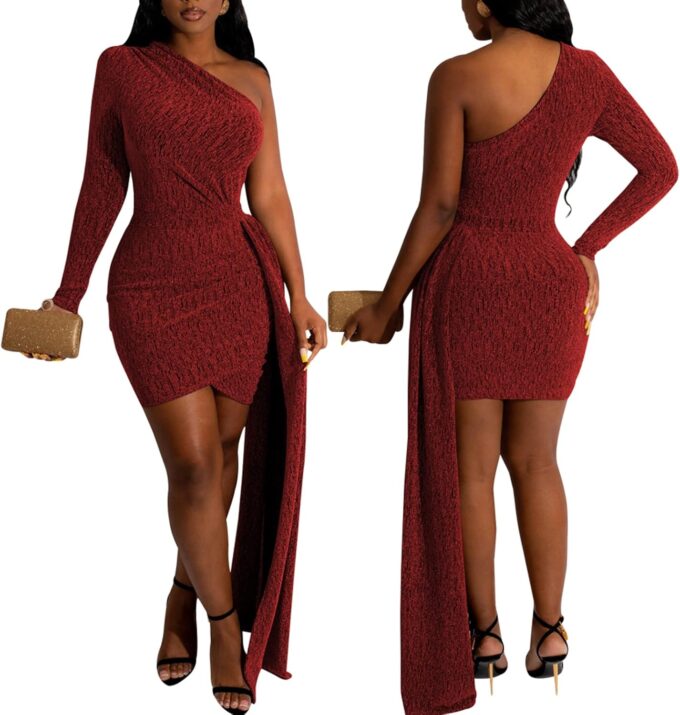 ZonJie Women Casual Solid Dress Sexy Off Shoulder Long Sleeve Elegant Bodycon Long Formal Sparkle Glitter Party Club Dress – Bild 8
