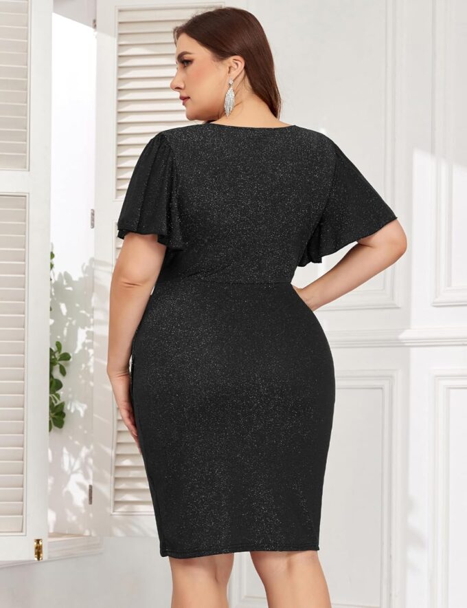 ZOMVA Plus Size 0X-4X Sparkly Glitter Ruched Bodycon Mini Dress Sparkle Sequin Wrap Ruffle Sleeve Dress Cocktail Party Formal – Bild 2