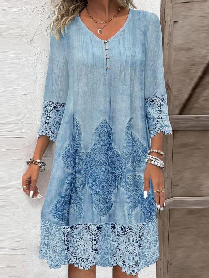 utcoco Womens V-Neck 3/4 Sleeve Summer Dress 2025 Fashion Flower Print Lace Hollow Out Mini Dress – Bild 2