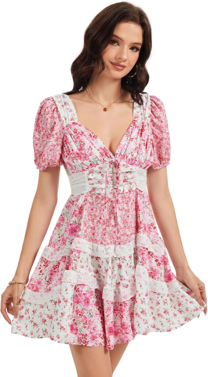 hibshaby Women's Floral Patchwork Dress V Neck Lace Layered Ruffle Flowy Babydoll Dress Puff Sleeve Tiered Mini Sundress – Bild 3
