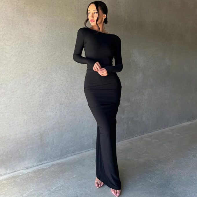 Womens Sexy Long Sleeve Backless Maxi Dress Evening Gown Ruched Bodycon Dress – Bild 2
