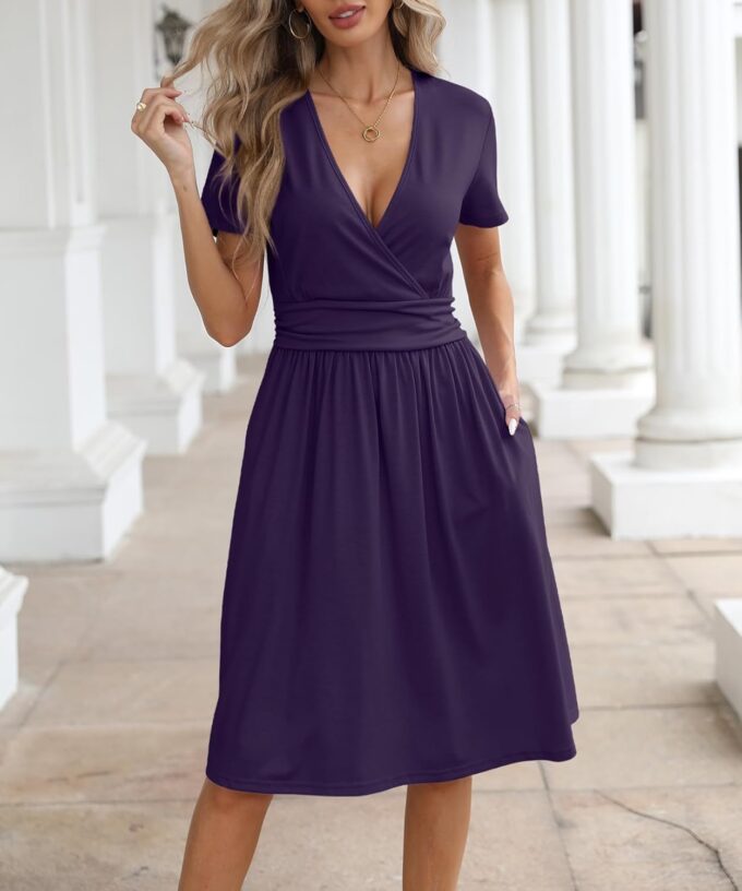 NILOUFO Women's Summer Casual Dress Short Sleeve Wrap V Neck Midi Dresses with Pockets – Bild 4