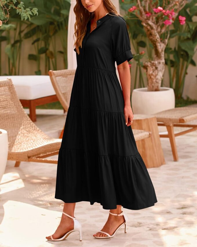 dowerme Women's Summer Dresses 2025 Casual Short Sleeve Button Loose Fit Pleated Boho Flowy Swing Long Beach Sun Dress – Bild 8