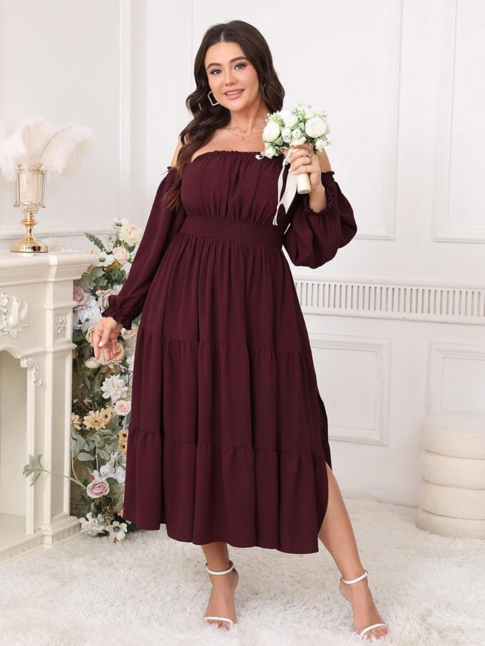 Women's Plus Size Maxi Dress Boho Off Shoulder Long Sleeve Smocked High Waist Side Split Flowy A Line Tiered Summer Dress – Bild 5