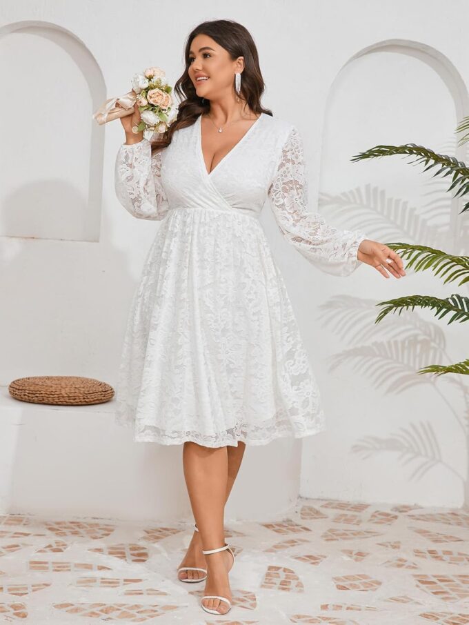 Womens Plus Size Lace Midi Dress V Neck Wrap Long Sleeve Flowy A line Cocktail Dresses for Wedding Guest – Bild 2