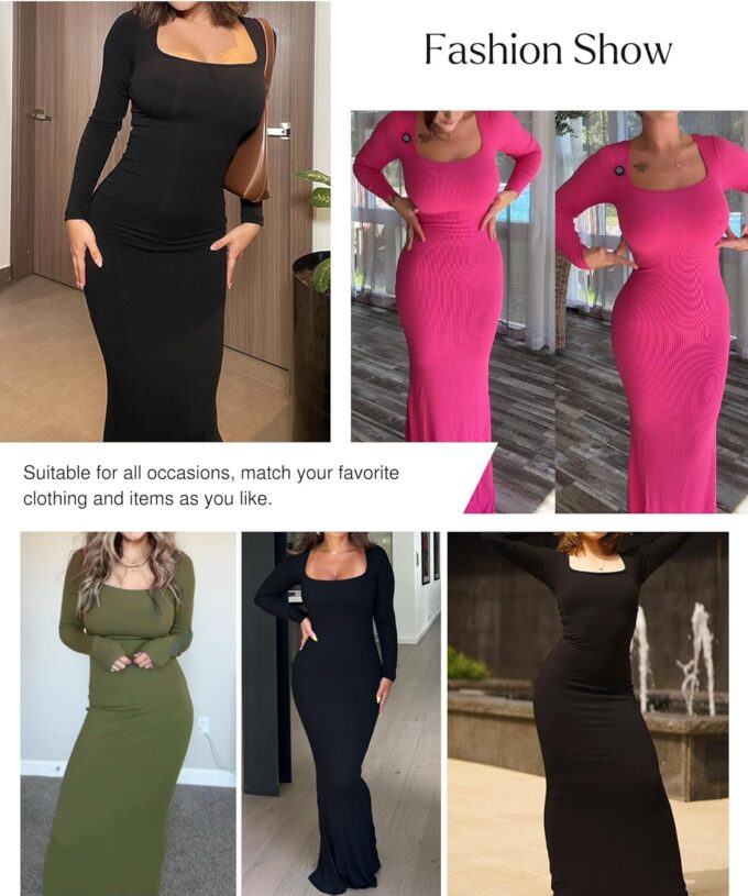 Popilush Long Sleeve Maxi Dress Bodycon Cocktail Dress Shapewear Tummy Control Fall Formal Dresses Built-in Bra – Bild 2