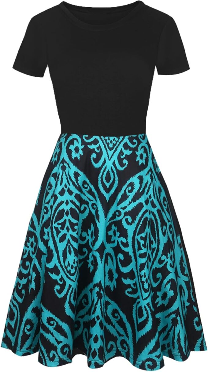 oxiuly Women Casual Dress Round Neck Soft Cotton Floral A-Line Midi Summer Dresses with Pockets OX262 – Bild 2