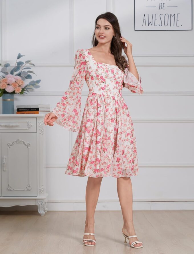 Fall Wedding Guest Dresses for Women Floral Chiffon Dresses Long Bell Sleeve Square Neck Short Ruffle Dress – Bild 3
