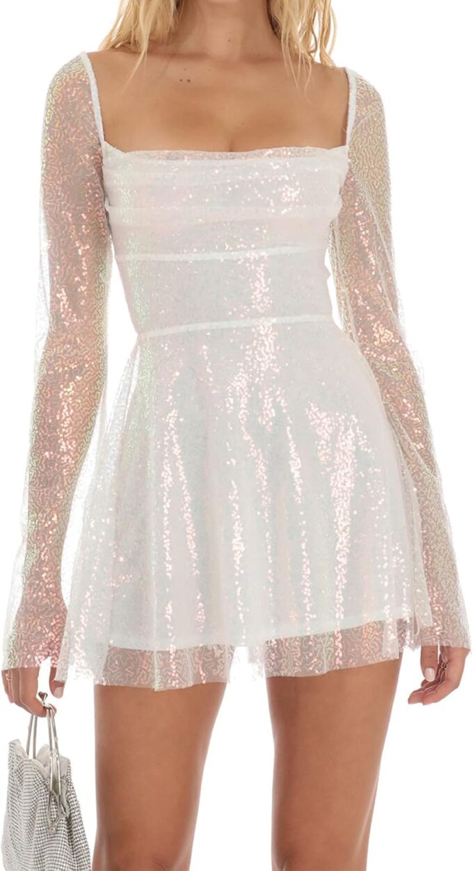BOLLEY JOSS Women's Sequin Mini Dress Square Neck Self Tie Backless Sparkly Long Flare Sleeve Ruched Swing Dress – Bild 7