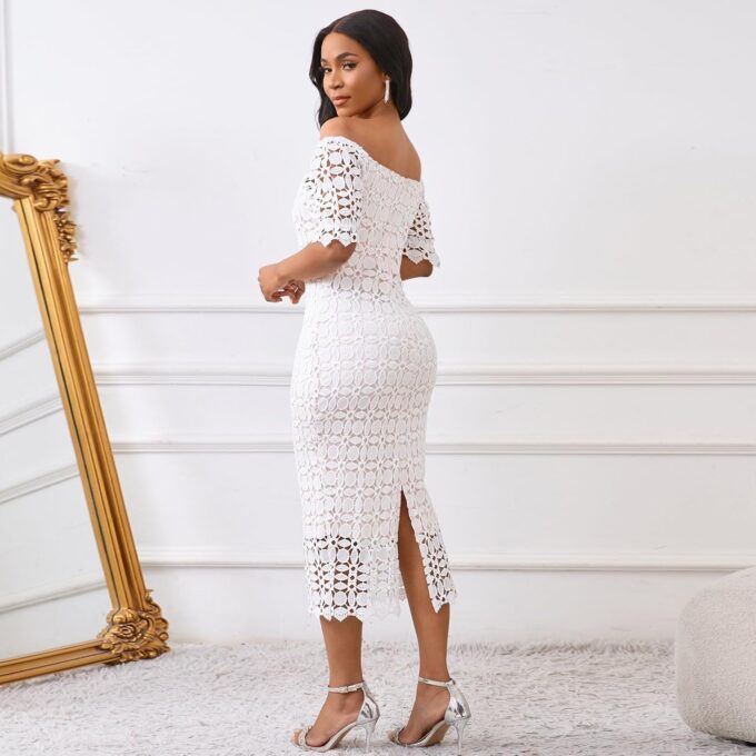 Cololura Elegant Sexy Floral Lace Short Sleeve Off Shoulder Evening Gown Party Formal Bodycon Midi Dress – Bild 5