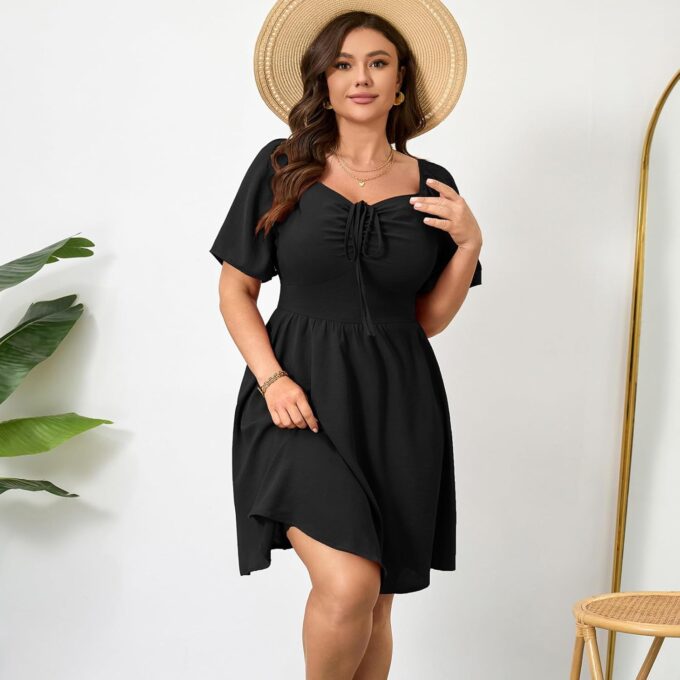 RWJ Women Plus Size Summer Dress Short Sleeve Tie Front Sweetheart Neck Wrap A-Line Casual Mini Wedding Guest Dresses 2025 – Bild 4