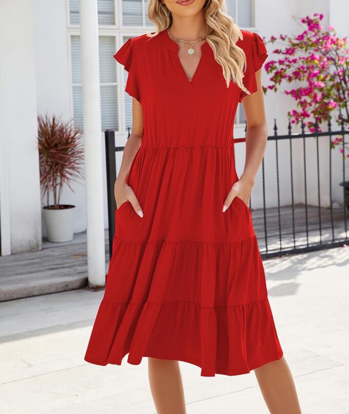 Womens Summer Dress Ruffle Sleeve V Neck Midi Dresses Casual Fit Flowy Tiered Boho Beach Vacation Sundress – Bild 3