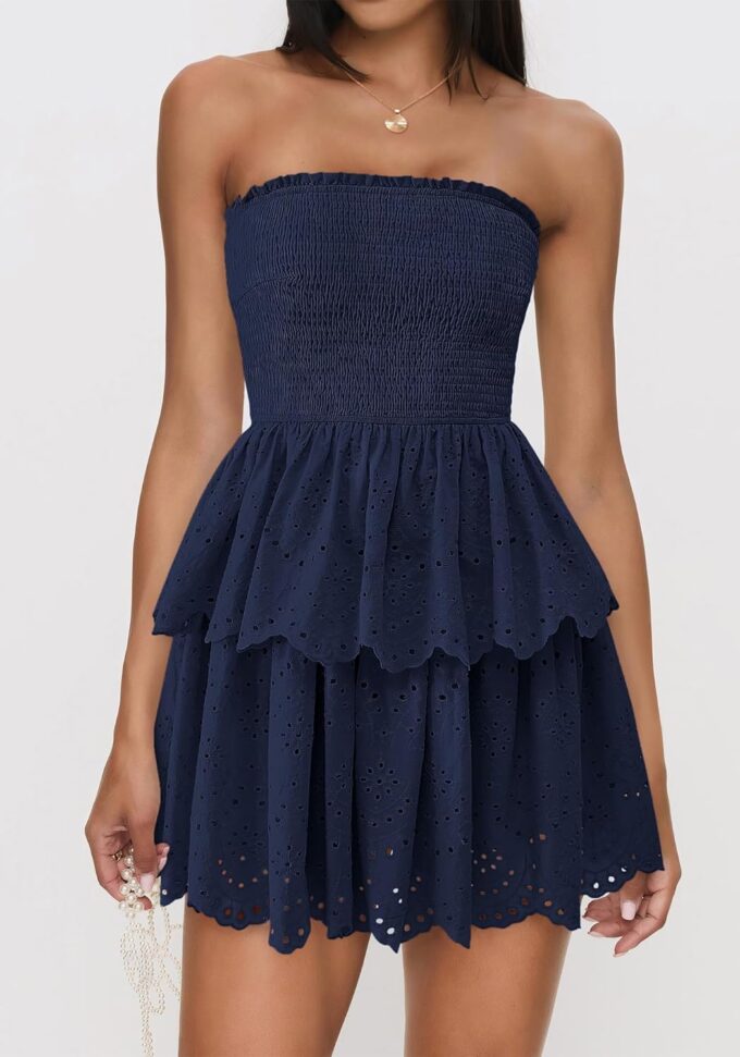 BTFBM Summer Dresses for Women 2025 Tube Strapless Mini Hollow Out Lace Wedding Guest Dress – Bild 6