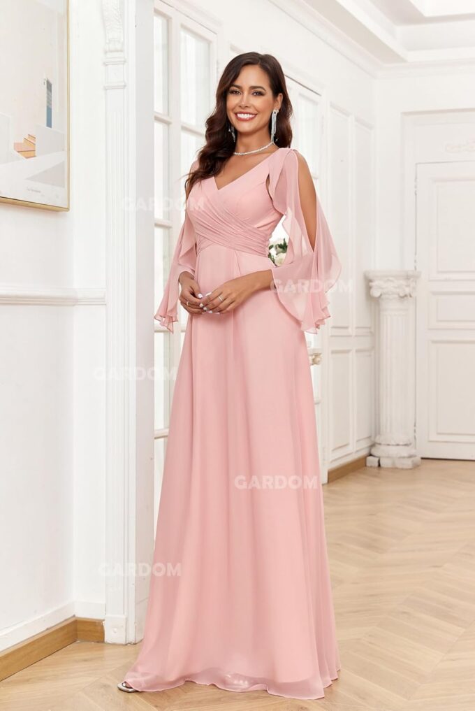 GARDOM Ruffle Sleeve Chiffon Bridesmaid Dresses for Women Cold Shoulder Formal Dress for Wedding 2025 V Neck Evening Gowns – Bild 2