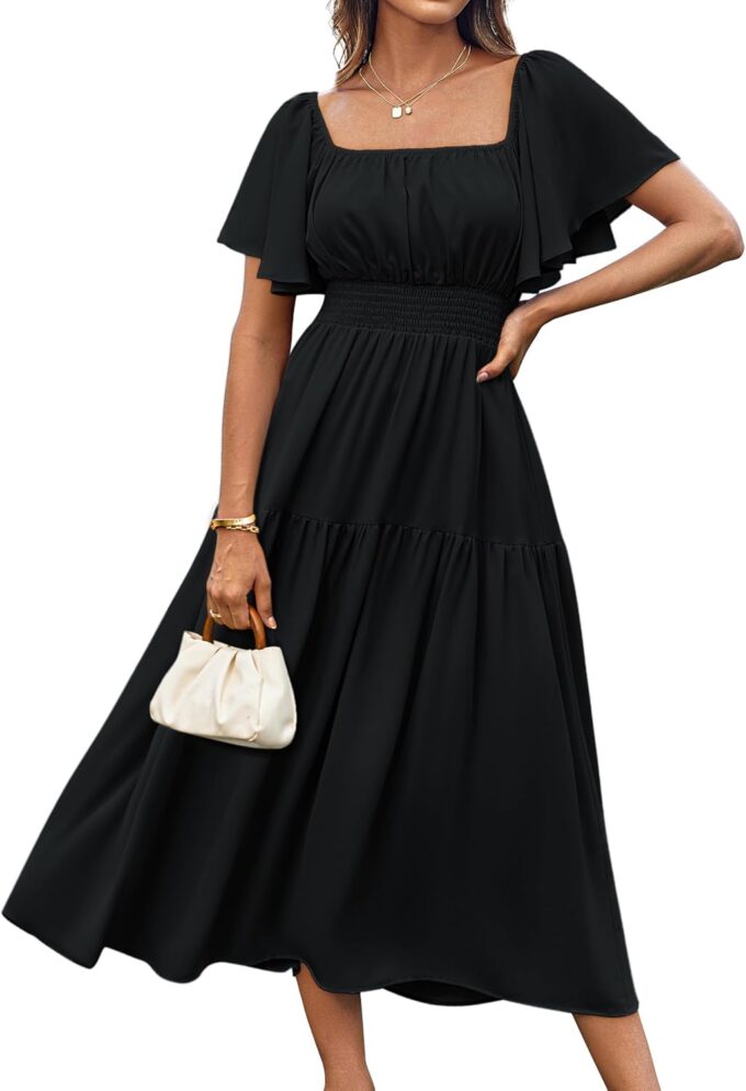 GRACE KARIN Women's Summer Short Sleeve Square Neck Smocked Waist Casual Vacation Tiered Flowy Maxi Dress