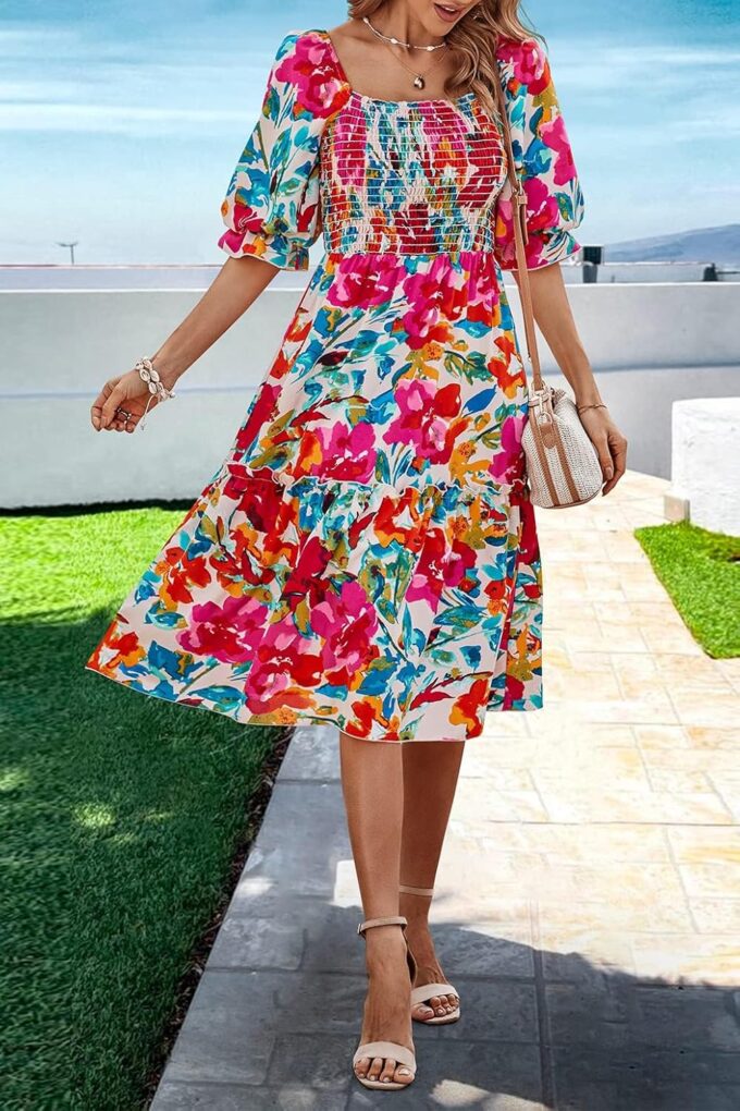 PRETTYGARDEN Women's Summer Casual Dresses 2025 Spring Puff Sleeve Square Neck A-line Flowy Boho Floral Smocked Midi Dress – Bild 4