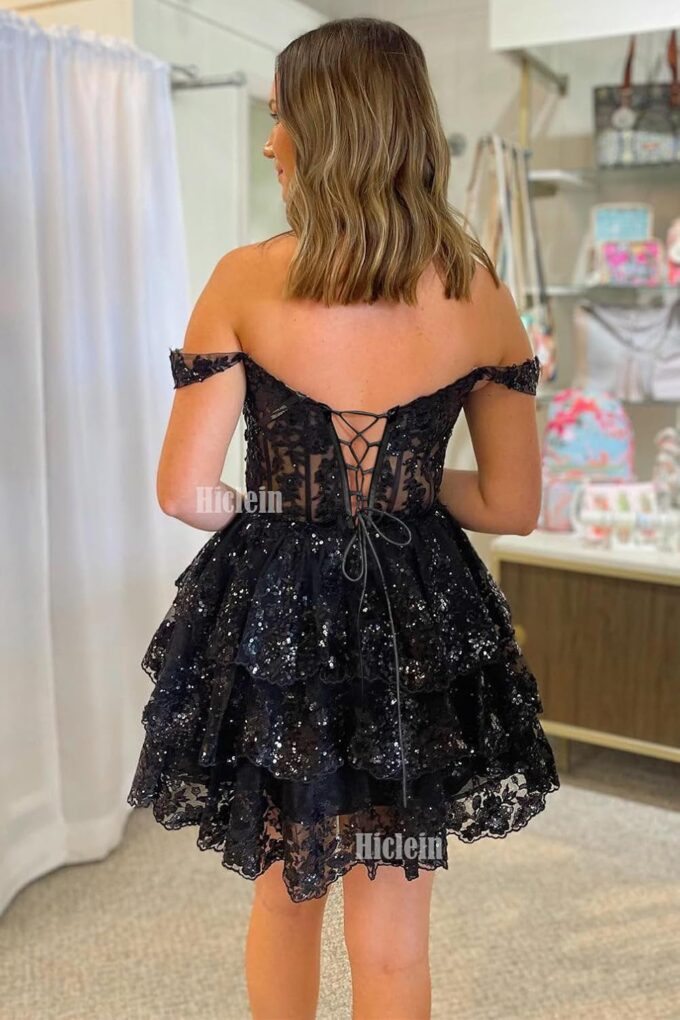 Sparkly Sequin Homecoming Dresses for Teens Off Shoulder Short Prom Dress 2025 Tiered Lace Cocktail Party Gown – Bild 2