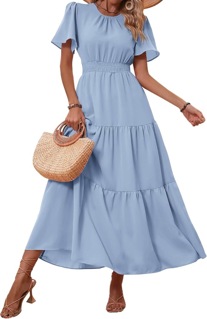 PRETTYGARDEN Women's Summer Casual Short Flutter Sleeve Round Neck Smocked Waist Tiered Boho Floral Flowy Maxi Dress