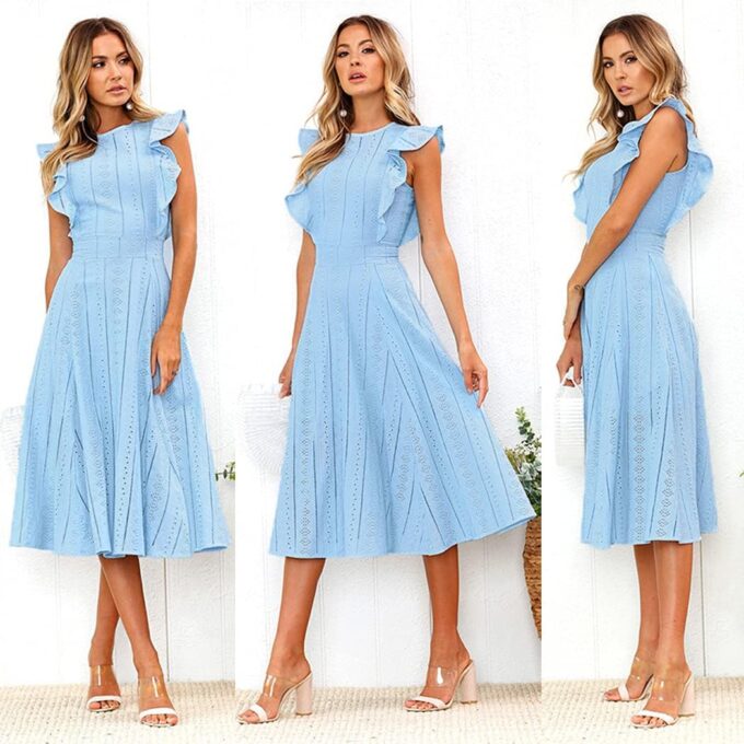 ECOWISH Women's Summer Dresses 2025 Elegant Lady Wedding Guest Cocktail Ruffle Cap Sleeves A-Line Office Midi Dress – Bild 3