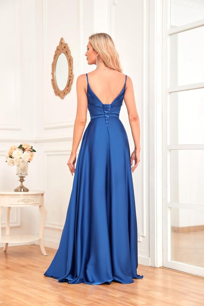 Women's V Neck Satin Bridesmaid Dresses 2025 Spaghetti Straps Prom Dresses A Line Formal Party Dress with Slit UU03 – Bild 2