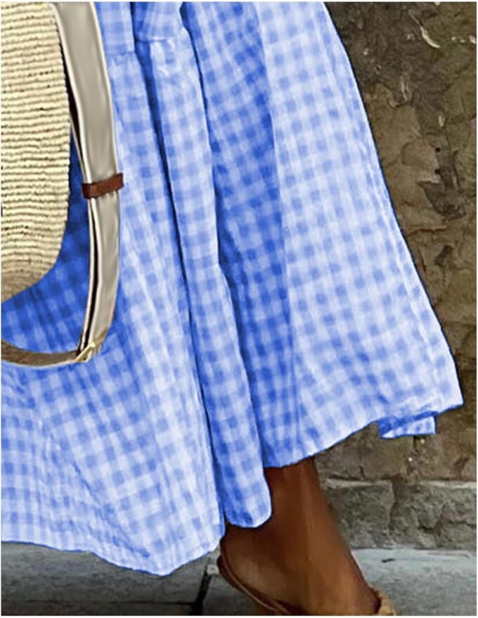 SOMTHRON Women's Square Neck Plaid Smocked Dress Ruffle Sleeveless Tiered Flowy A-Line Checkered Maxi Long Dress – Bild 4
