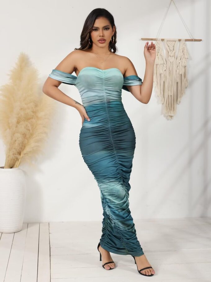 Ophestin Women Sexy Off The Shoulder Short Sleeve Tie Dye Ruched Bodycon Maxi Dress Party Club Dresses – Bild 7