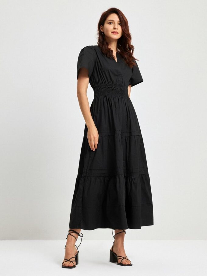 Women's Black Summer Dress Casual Long Maxi Short Sleeve Layered Cotton V Neck A Line Flowy Dresses for Women 2025 – Bild 2