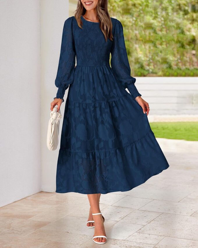 BTFBM Casual Women's 2025 Spring Dresses Elegant Wedding Guest Dress Long Sleeve Floral Midi Dress Flowy Bohemian Long Dress – Bild 4