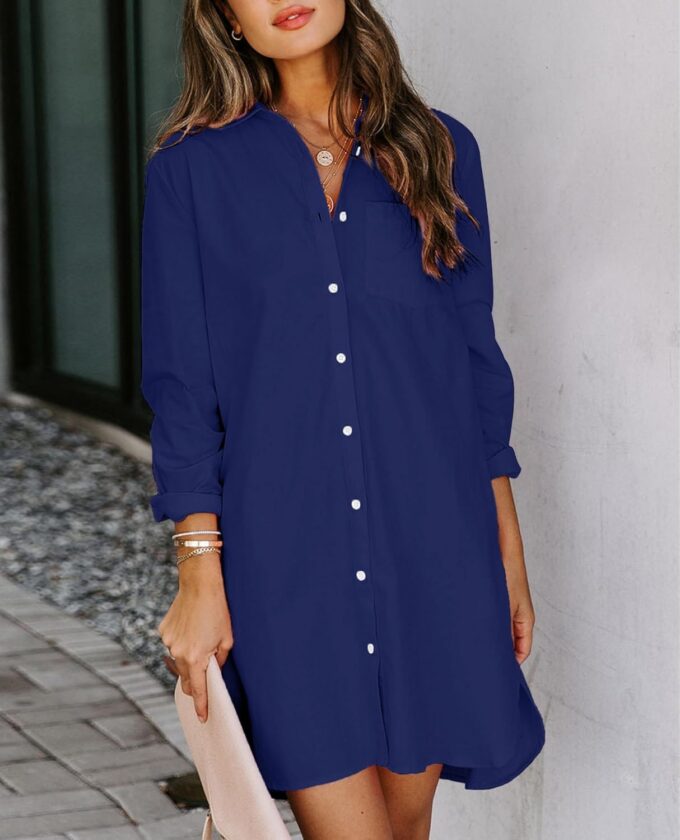 Womens Button Down Shirt Dresses with Pockets Cotton Button Up Tunics Long Sleeve Solid High Low Blouse Tops – Bild 4
