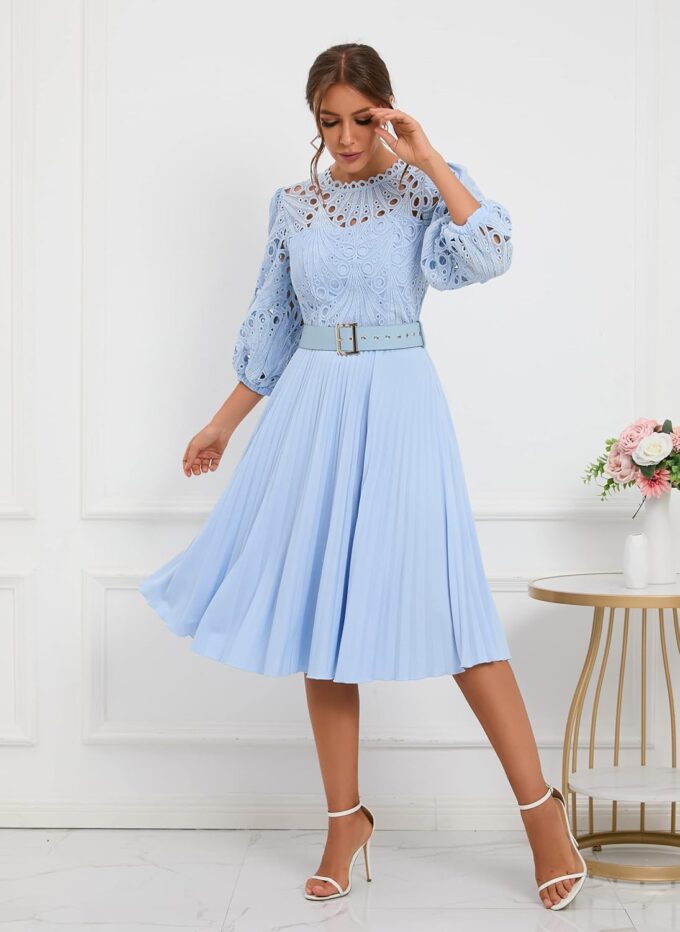 IWFEV Lace Pleated Dress Puff Sleeve Mid-Calf Short Sleeve Midi Dress Hollow Party Evening Dress – Bild 5