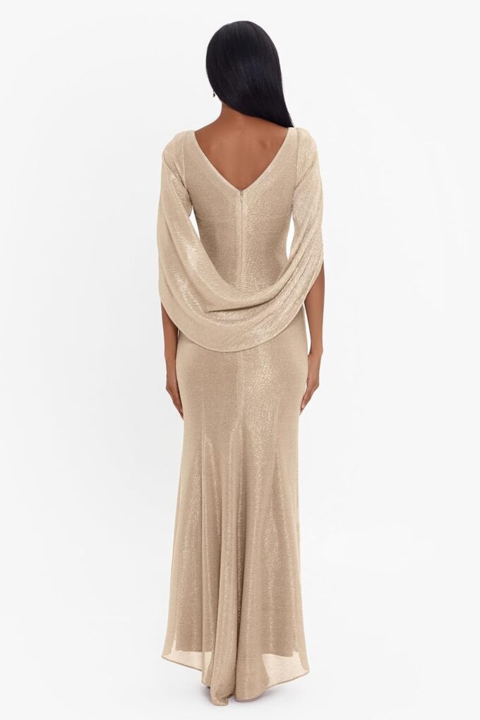 Betsy & Adam Women's Long Stretchy Metallic 3/4 Sleeve Cowl Neck Drape Back Formal Dress – Bild 2