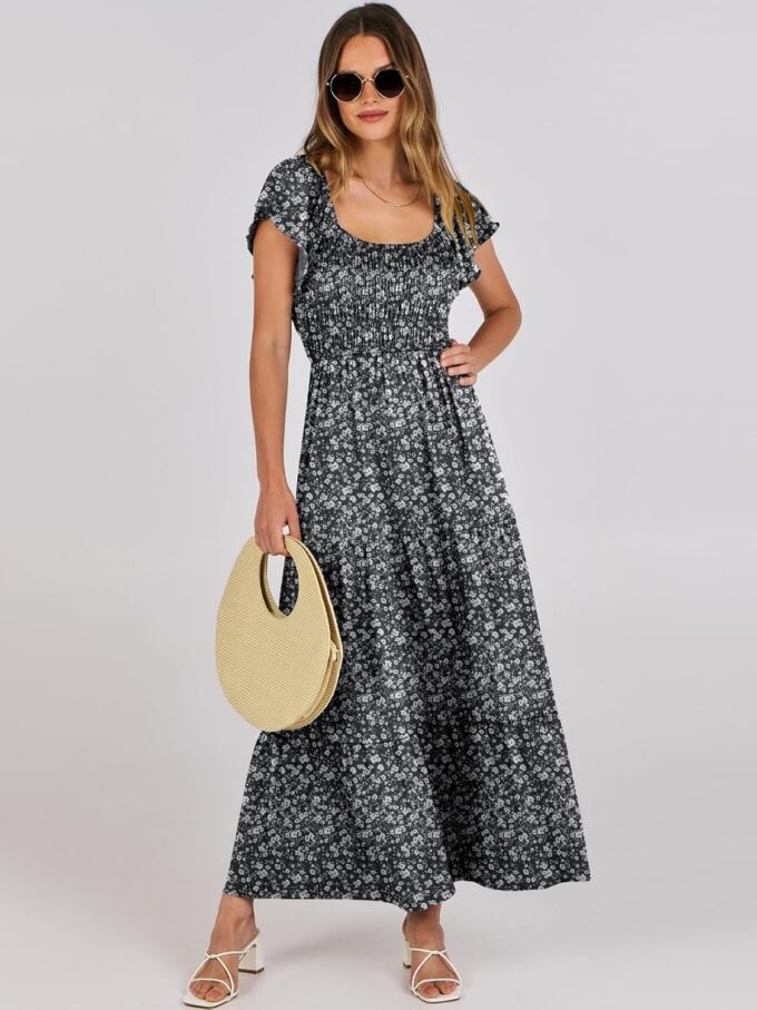 ANRABESS Women’s Casual Summer Maxi Dress Flutter Short Sleeve Scoop Neck Smocked A Line Flowy Beach Vacation Long Dresses – Bild 8