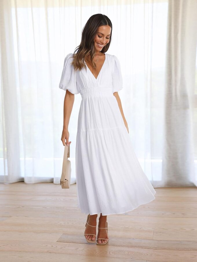 Womens Deep V Neck Puff Short Sleeve Tired Maxi Dress Flowy Swing Long Summer Dresses – Bild 3