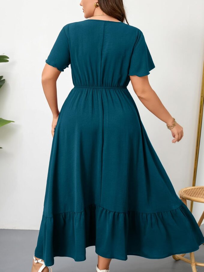 RWJ Women Plus Size Maxi Dress V Neck Short Sleeve Button Trim Split Flowy Tiered Casual Long Dresses 2025 L-3XL – Bild 5
