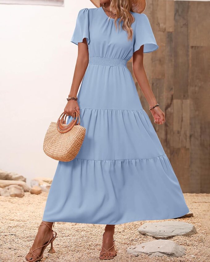 PRETTYGARDEN Women's Summer Casual Short Flutter Sleeve Round Neck Smocked Waist Tiered Boho Floral Flowy Maxi Dress – Bild 7