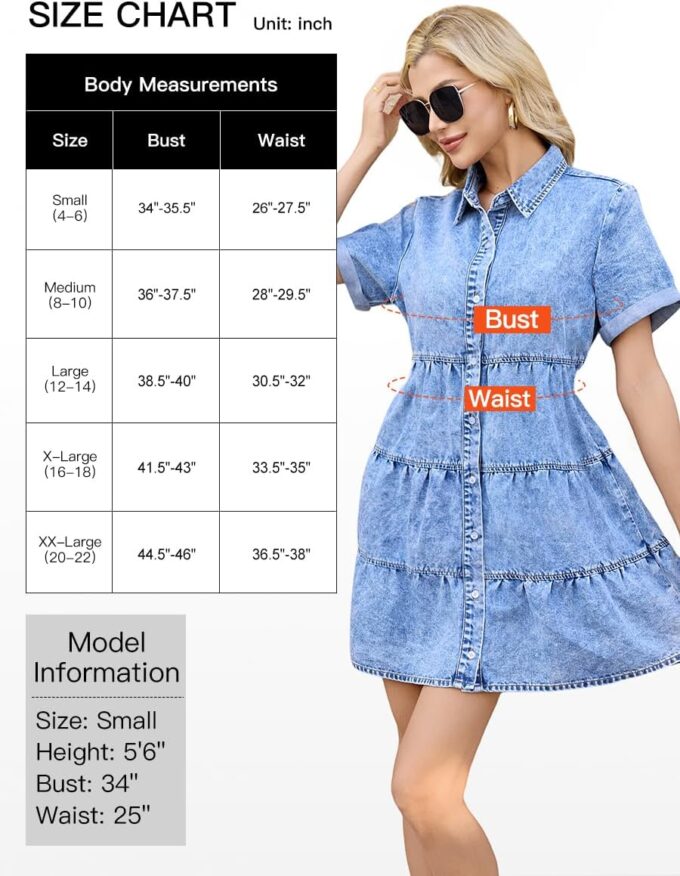 Denim Dress for Women Button Down Short Sleeves Casual Summer Jean Shirt Babydoll Denim Dress – Bild 7