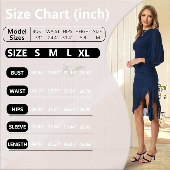 Women's Bodycon Midi Dress Fall Long Sleeve Ruched Ruffle Hem Mermaid Cocktail Wedding Guest Dresses – Bild 6