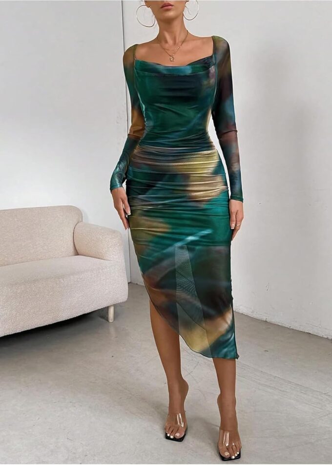 MOEENCN Women's Sexy Bodycon Midi Dress Birthday Outfits Sheer Mesh High Neck Ruched Date Night Club Party Dresses – Bild 2