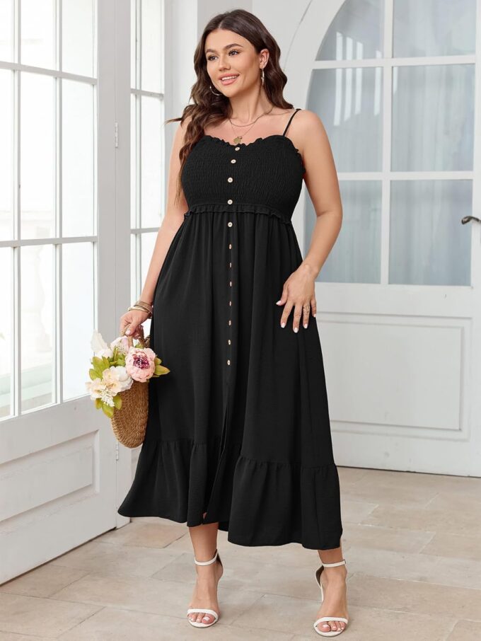 SCOMCHIC Womens Plus Size Summer Dresses Sleeveless Spaghetti Strap Button Down Smocked Beach Long Maxi Dress with Slit – Bild 4