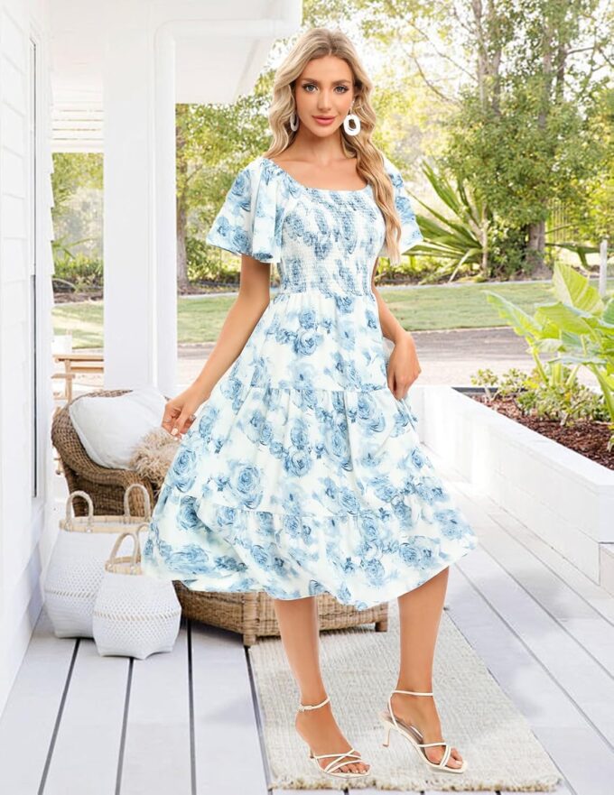 Bbonlinedress Womens Casual Floral Summer Smocked Beach Party Boho Midi Square Neck Dress – Bild 5
