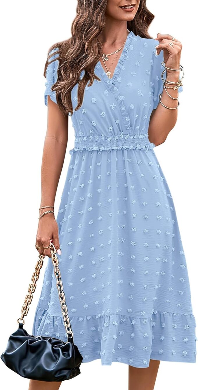 BTFBM Women Short Sleeve V Neck Swiss Dot Midi Summer Dresses 2024 Boho Ruffle Long Dresses Ruffle Wedding Guest Dress